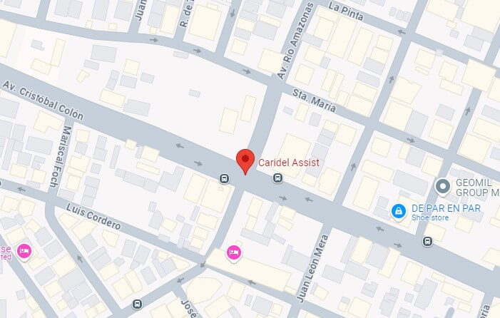 Caridel Assist. Ubícanos en la intersección de Av. Río Amazonas y Av. Cristóbal Colón, Quito 170135, Ecuador.
